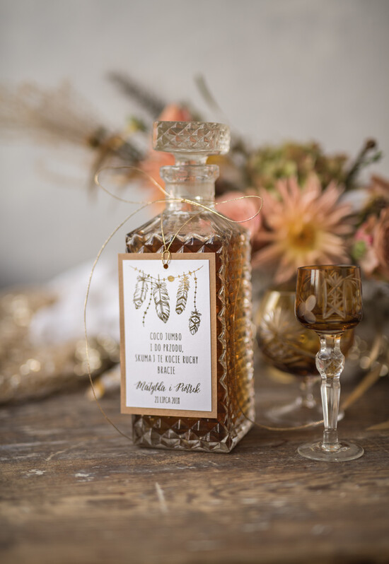 Zawieszki na butelki glamour zawieszki na alkohole weselne, złote z waszą treścią 02/Glz7/zw