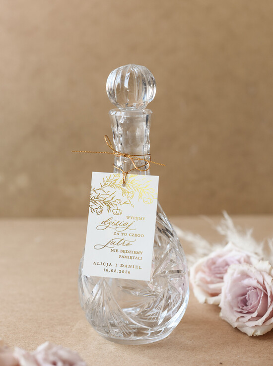 Zawieszki na butelki glamour zawieszki na własny trunek, złote zawieszki ślubne z dowolnym tekstem, zawieszka na butelkę ze złoty 03/kopZłl/zw25