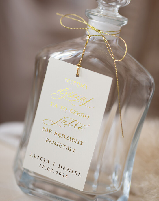 Zawieszki na butelki glamour zawieszki na alkohol weselny, złote z dowolnym tekstem, zawieszka na ślubny alkohol śmieszne wierszy 01/KZŁkalSs/zw25