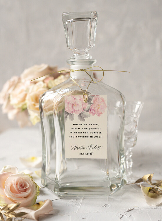Zawieszki na butelki glamour ślubne zawieszki na alkohol, złote z dowolnym tekstem 01/kalkakwiaty/zw