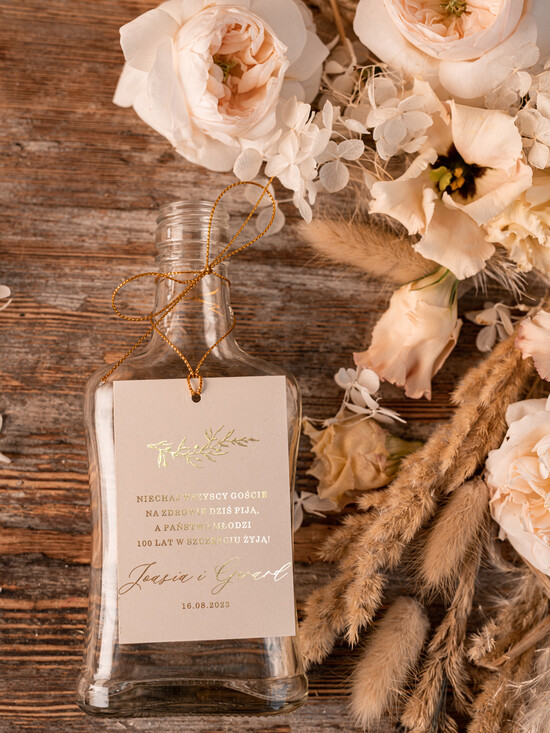 Zawieszki na butelki glamour zawieszki ślubne na butelki, złote ze śmieszną treścią 01/goldecru/zw