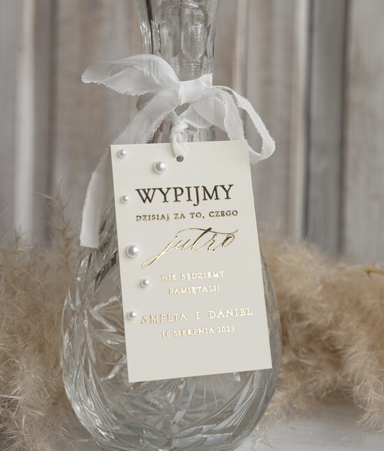 Zawieszki na butelki glamour złote ślubne zawieszki na alkohol, zawieszki na butelkę z perełkami, rózne treści na zawieszkach ślu 01/perL/zw