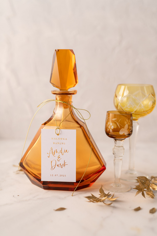 Zawieszki na butelki glamour etykiety na wódkę weselną, złote z dowolnym tekstem 2/gold/zw
