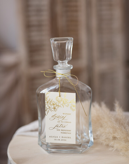 Zawieszki na butelki glamour zawieszki na alkohol weselny, złote zawieszki z dowolnym tekstem, zawieszka na butelkę ze złotymi li 01/kopZŁI/zw25