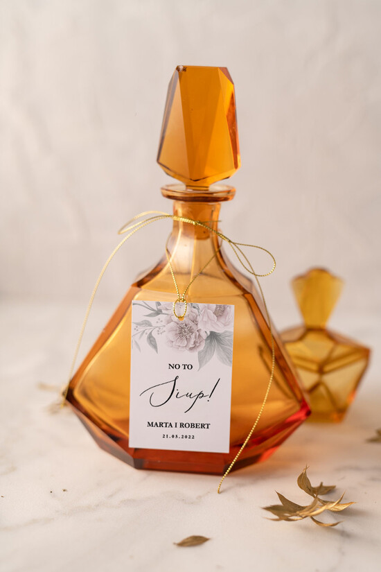 Zawieszki na butelki glamour zawieszki na alkohol weselny, złote z dowolnym tekstem 04/CBL/zw