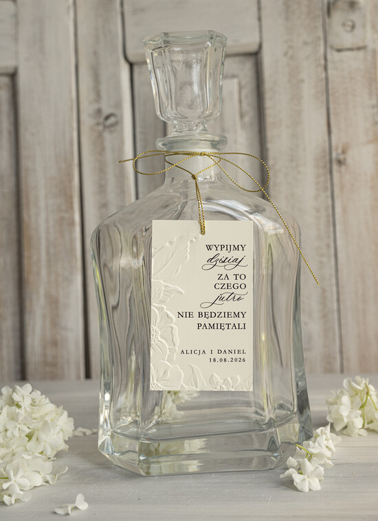 Zawieszki na butelki glamour etykieta na alkohol weselny, piękne eleganckie tłoczone zawieszki ślubne, zawieczki na wesele z tłoc 01/WytK/zw25