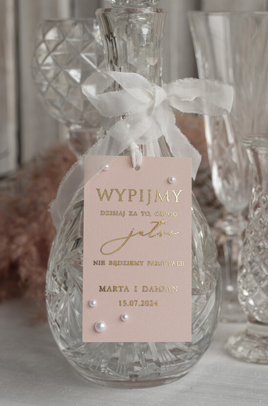 Zawieszki na butelki glamour zawieszki ślubne na butelki z perełkami, złote etykietki na butelki z dowolną treścią, eleganckie za 01/perKper/zw