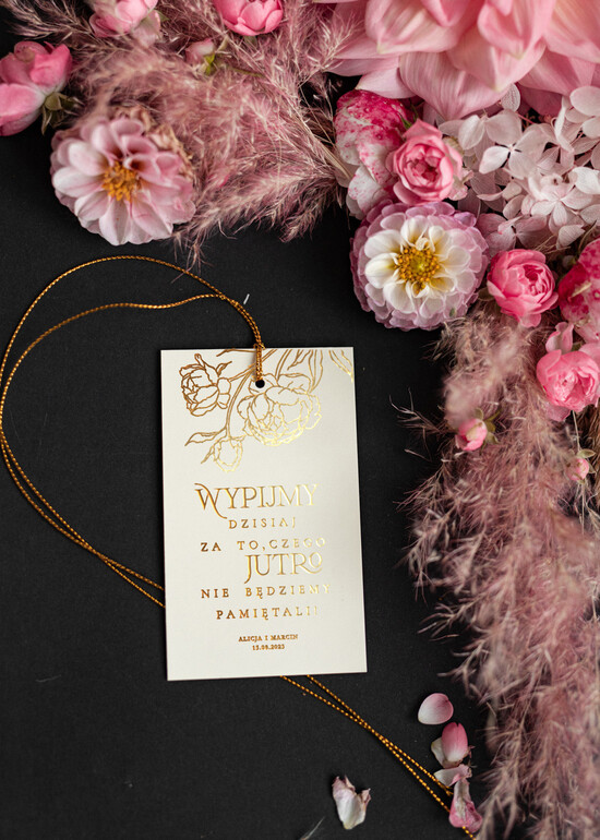 Zawieszki na butelki glamour złocona zawieszka na wino weselne, etykieta na wódkę zawieszka na alkohol weselny, złote napisy z do 03/goldSKLtag/zw