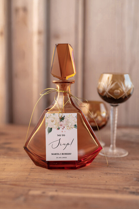 Zawieszki na butelki glamour zawieszki ślubne na butelki, złote z waszą treścią 5/geokap/zw