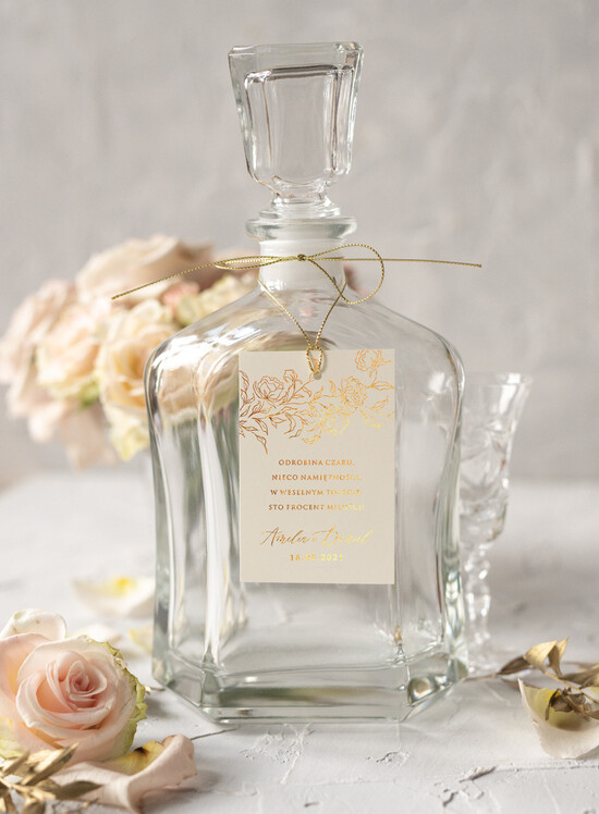 Zawieszki na butelki glamour zawieszki na alkohol weselny, złote z dowolnym tekstem, zawieszka na ślubny alkohol śmieszne wierszy 02/kalkas/zw