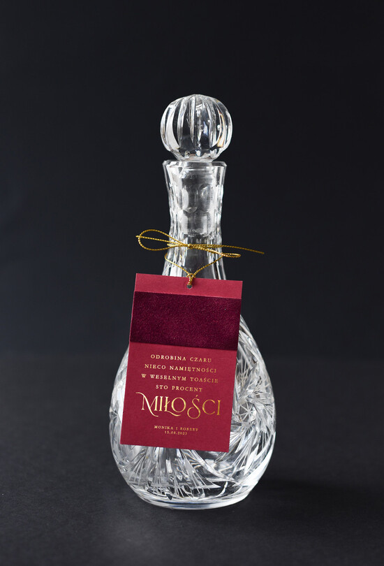 Zawieszki na butelki glamour zawieszki ślubne na butelki glamour z waszym tekstem, etykiety na butelkę z welurem  03/vellam/zw