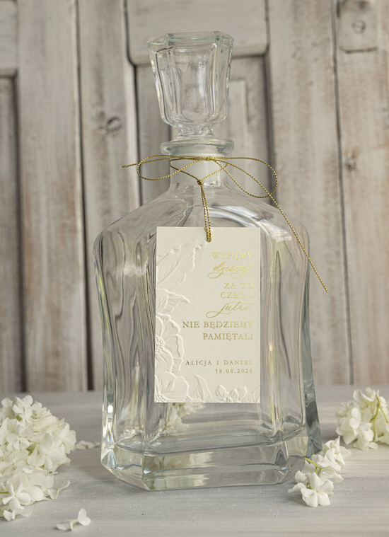 Zawieszki na butelki glamour etykieta na alkohol weselny, piękne eleganckie tłoczone zawieszki ślubne, zawieczki na wesele z tłoc 01/TłoKZł/zw25