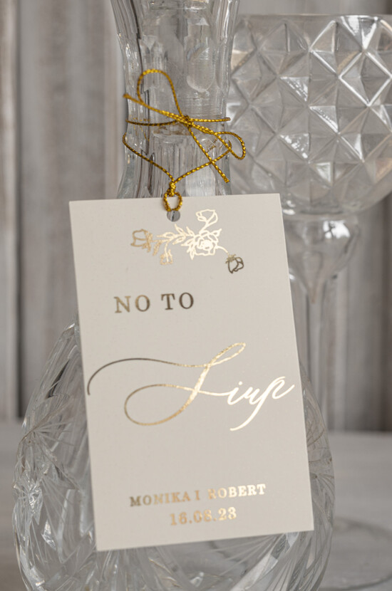 Zawieszki na butelki glamour zawieszki na butelki weselne, zawieszki glamour z waszą treścią, złote zawieszki ze ślubnymi wierszy 01/MinGold/zw