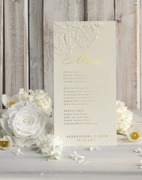 Menu glamour weselne menu karta potraw weselnych, złote i eleganckie na klasyczne wesele, menu weselne z tłoczony 02/WWZ/m25