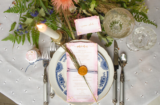 Menu glamour menu weselne na stoły karta dań weselnych, złocone i eleganckie dowolna treść 01/GlgA/m