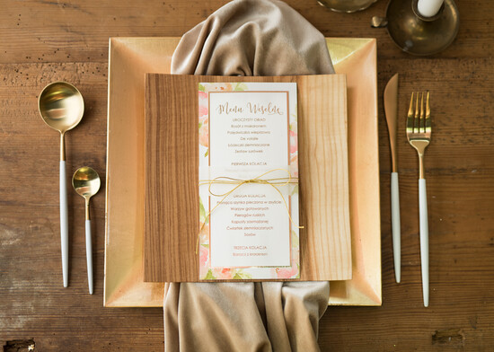 Menu glamour ślubne menu z planem podawania dań wesenych, złote lub srebrne napisy wasza treść 02/GNO/m