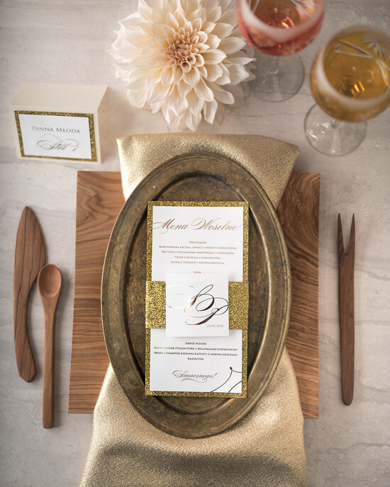 Menu glamour menu weselne na stoły plan podawania posiłków, złote lub srebrne napisy wasza treść 05/Glz3/m