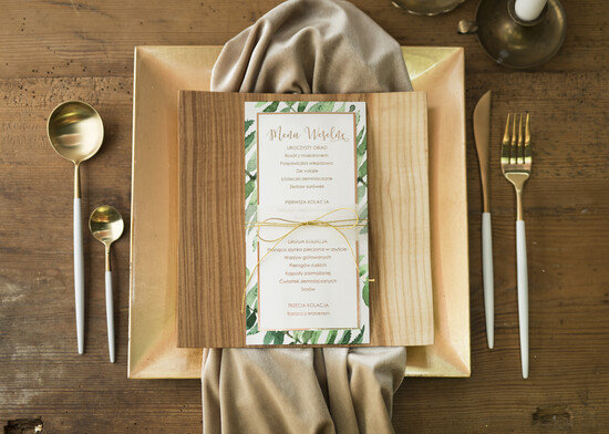 Menu glamour menu ślubne z planem posiłków, zlocone napisy dowolna treść 06/GNO/m