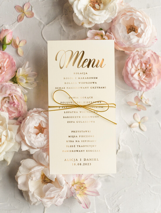 Menu glamour menu ślubne z planem posiłków, złocone i eleganckie menu weselne, dekoracja stołu weselnego menu  01/goldM/m