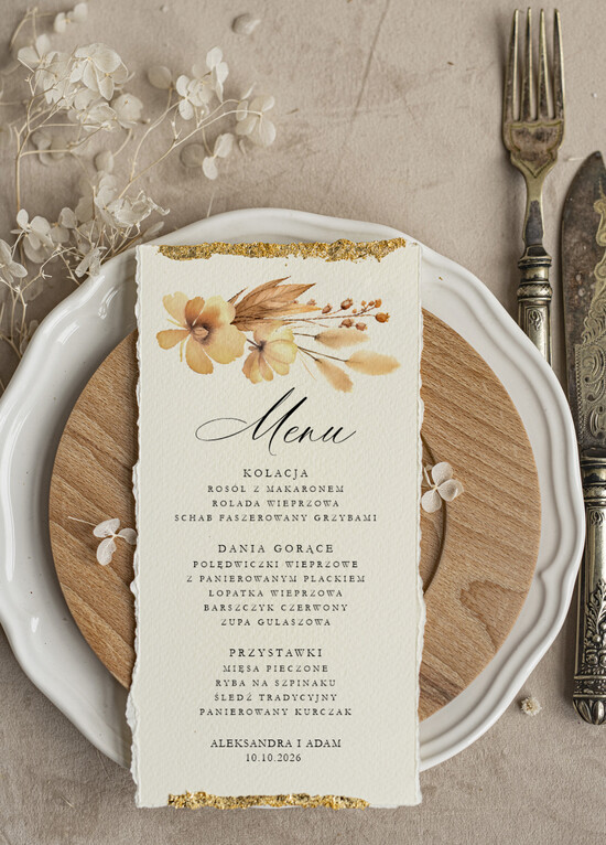 Menu glamour weselne menu karta potraw weselnych, złote i eleganckie na klasyczne wesele, menu weselne z płatkami 04/wrzlN/m25