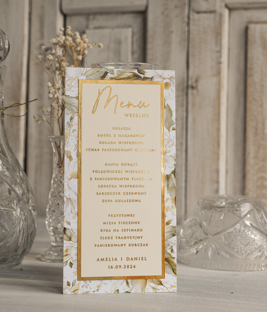 Menu glamour karta drinków, karta dań treść dowolna menu weselne plan podawania posiłków, złote lub srebrne napis 05/kopZŁ/m