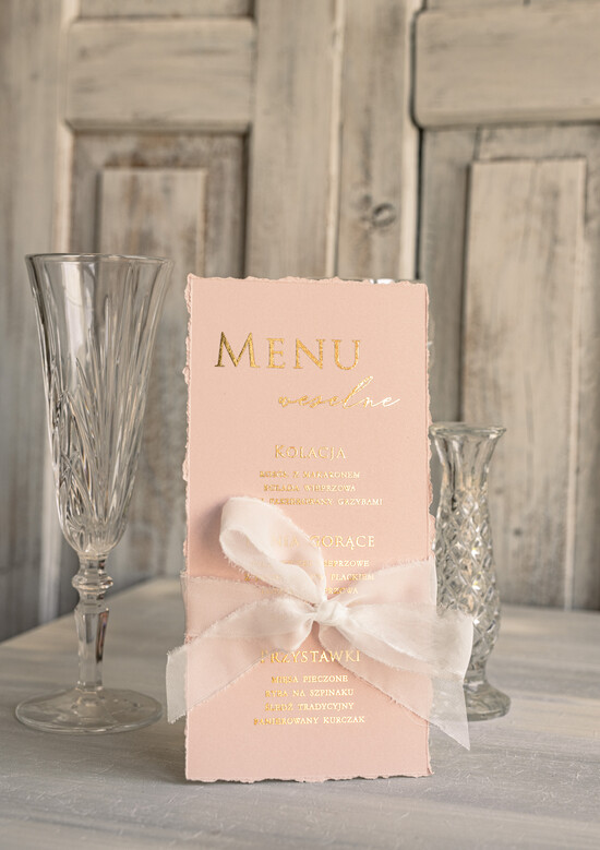 Menu glamour menu ślubne z planem posiłków, złote napisy dowolna treść menu ślubnego, wydzierane brzegi elegancka 02/wydzZłws/menu