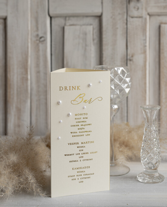 Menu glamour menu weselne karta dań weselnych, eleganckie menu zlocone litery i perełki, stojąca karta dań z nume 01/perL/m3