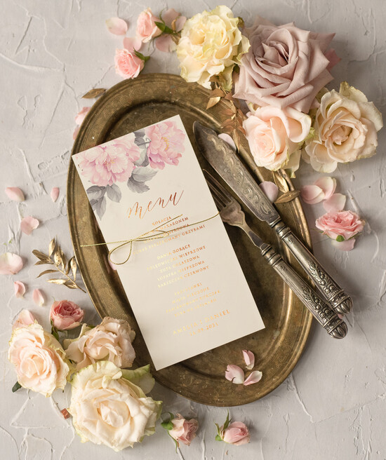 Menu glamour weselne menu karta potraw weselnych, złote lub srebrne napisy wasza treść 01/kalkakwiaty/m