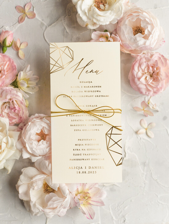 Menu glamour weselne menu karta potraw weselnych, glamour złote litery wasza treść 01/goldbs/m