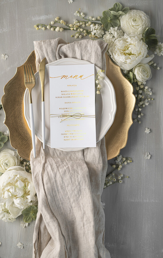 Menu glamour menu ślubne z planem posiłków, eleganckie zlocone litery wasza treść 5/glamF/m