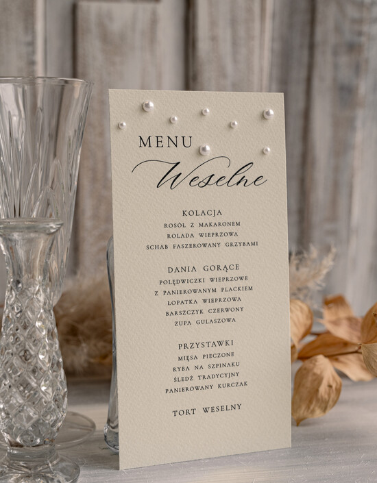 Menu glamour Menu weselne nowoczesne z perełkami, karta dań na weselu, proste i eleganckie menu ślubne, perełki n 01/per/m2