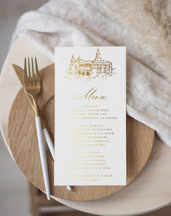 Menu glamour menu weselne plan podawania posiłków na weselu, zlocone napisy dowolna treść 1/archi/m