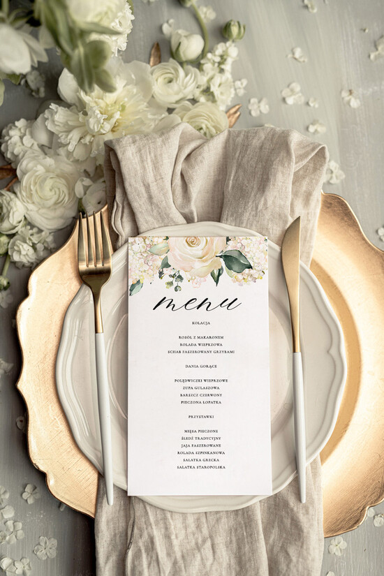 Menu glamour karta dań weselnych menu weselne plan podawania posiłków, zlocone napisy dowolna treść 02/CBL/m