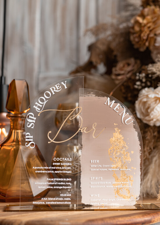 Menu glamour nowoczesna forma karty drinków i deserów, akrylowe menu weselne, stojąca karta dań i napojów, menu w 01/velkiesz/menu2