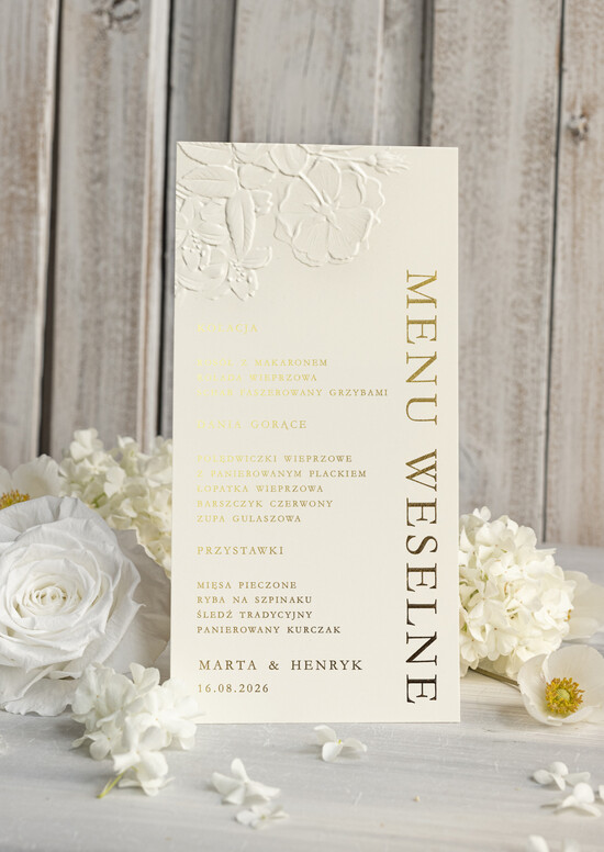 Menu glamour weselne menu karta potraw weselnych, złote i eleganckie na klasyczne wesele, menu weselne z tłoczony 01/KLwsTł/m25