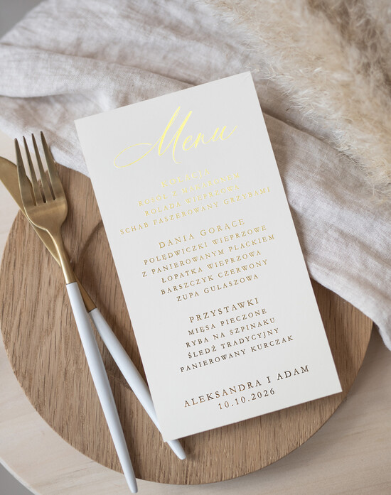 Menu glamour menu weselne na stoły karta dań weselnych, zlocone napisy dowolna treść, menu na stół weselny 01/KZŁkalSs/m25