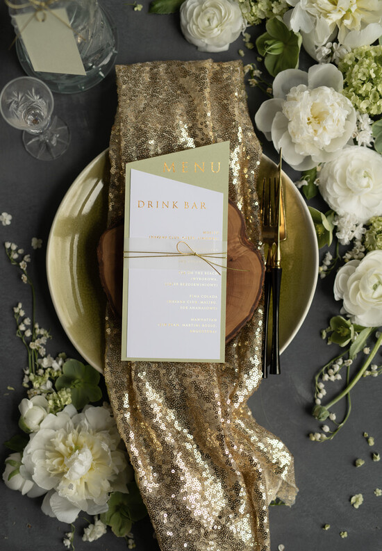 Menu glamour menu weselne na stoły plan podawania posiłków, złocone i eleganckie dowolna treść 1/goldz/m