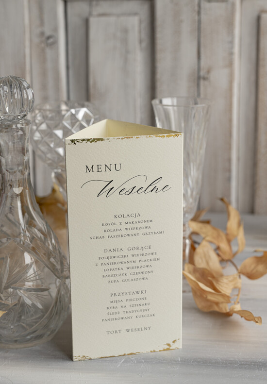 Menu glamour stojące menu na stół weselny, menu i numerek na stół w jednym karta dań i karta drinków, złote menu  01/perOwZl3/m