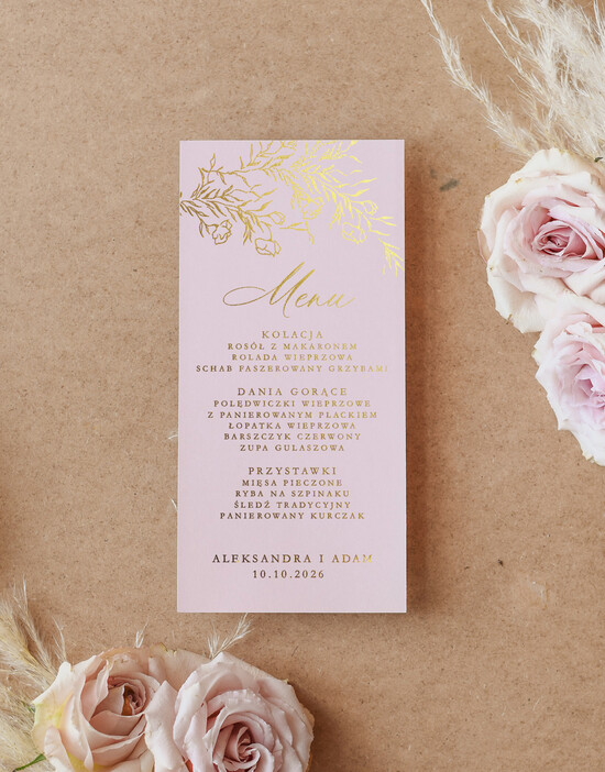 Menu glamour weselne menu karta potraw weselnych, glamour złote litery wasza treść, menu na stół weselny 03/kopZłl/m25