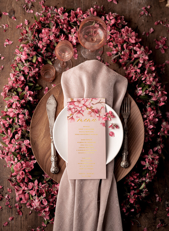 Menu glamour ślubne menu z planem podawania dań wesenych, zlocone napisy dowolna treść 11/glamF/m