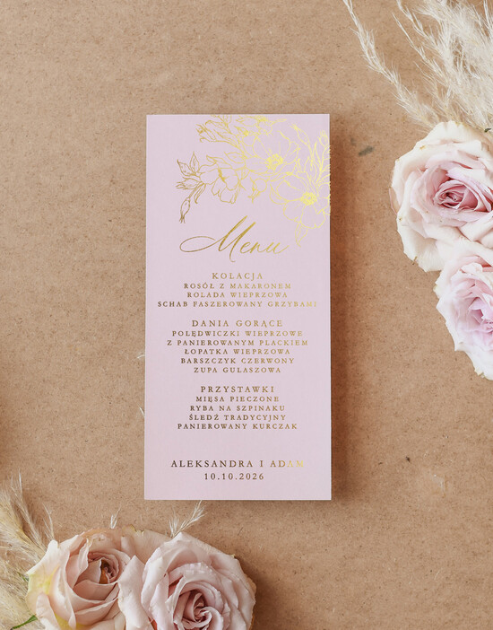 Menu glamour menu weselne na stoły karta dań weselnych, zlocone napisy dowolna treść, menu na stół weselny 02/pióra/m25