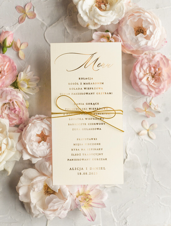 Menu glamour menu ślubne z planem posiłków, eleganckie zlocone litery wasza treść, eleganckie menu na stół weseln 04/goldbs/m