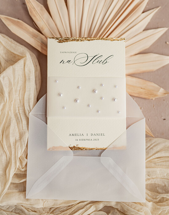 Zestawy Próbkowe próbki zaproszeń próbka złocone zaproszenia ślubne z perełkami kalkowa koperta, Serwis Próbkowy minimalistyczne zapro 01/perOwZl/Pr24