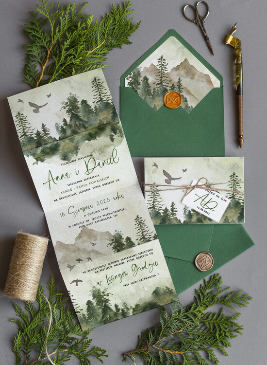 Zestawy Próbkowe próbki zaproszeń zaproszenia próbne Rustykalne Zaproszenia Ślubne Las Składane Zielone Zaproszenia na Rustykalny Ślub 02/LASszn/pr