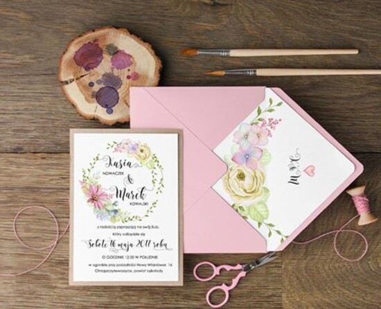 Zaproszenia ślubne Rustykalne i Natura unikatowe zaproszenia ślubne w stylu rustykalnym z kwiatowym wiankiem 14/CC/z