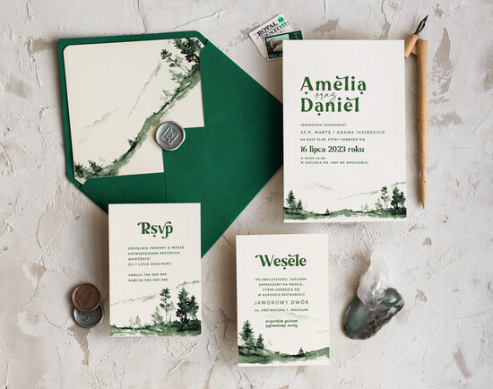 Zaproszenia ślubne Rustykalne i Natura delikatne i proste zaproszenia ślubne, zaproszenia z lasem w stylu rustykalnym, zielone zaproszenia  05/LASj/z