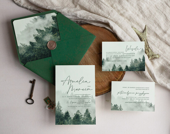 Zaproszenia ślubne Rustykalne i Natura rustykalne zaproszenia ślubne, zaproszenia z lasem w stylu rustykalnym, zielone zaproszenia slubne,  02/LASj/z