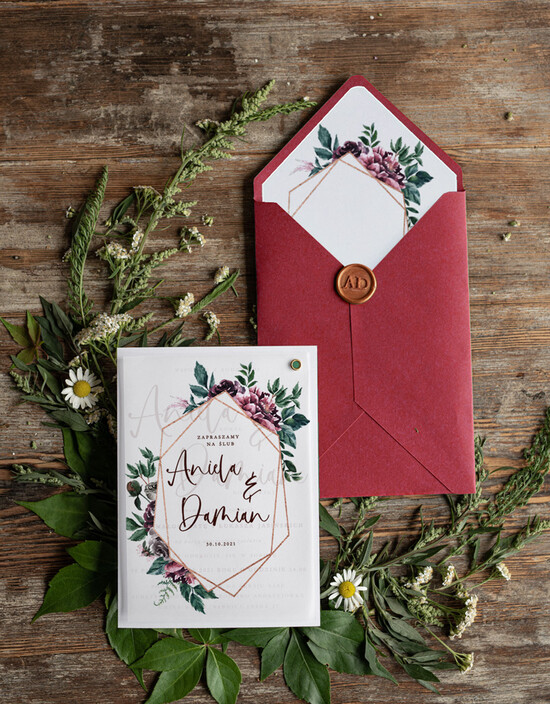 Zaproszenia ślubne Rustykalne i Natura nowoczesne zaproszenia ślubne bordowe rustykalne geometryczne kwiaty zaproszenie na ślub bordo koper 01/CBkal/z