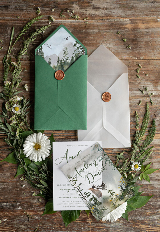 Zaproszenia ślubne Rustykalne i Natura Rustykalne zaproszenia ślubne zielone zaproszenie na ślub w lesie motyw jelonków koperta zielona lub 02/laskal/z