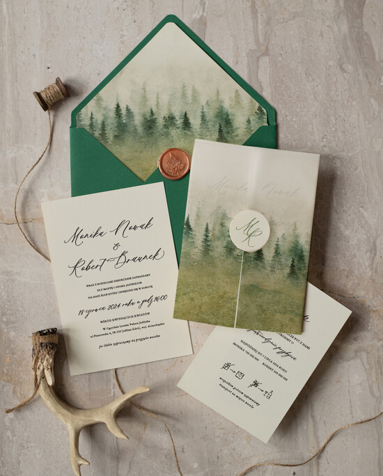 Zaproszenia ślubne Rustykalne i Natura nowoczesne zaproszenia ślubne, rustykalne ekologiczne zaproszenia slubne, zaproszenia z grafiką lasu 02/laskalka/z